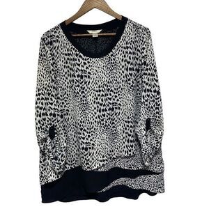 CJ Banks Blouse Womens 1X Black White Animal Print‎ Layered Roll Tab Sleeve